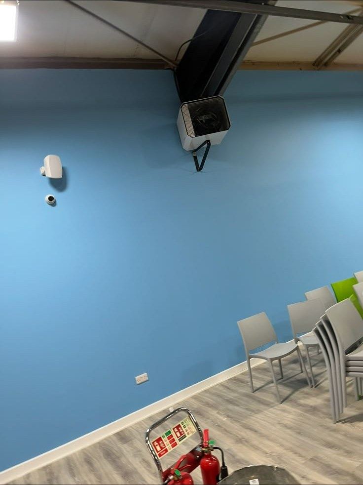 Sky blue feature wall finished in a commercial unit